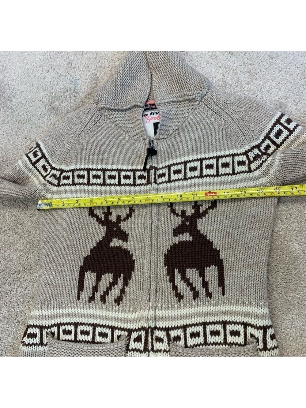 Triple Five Soul beige brown reindeer Zipup jacket wool sweater Sz S - Picture 13 of 15